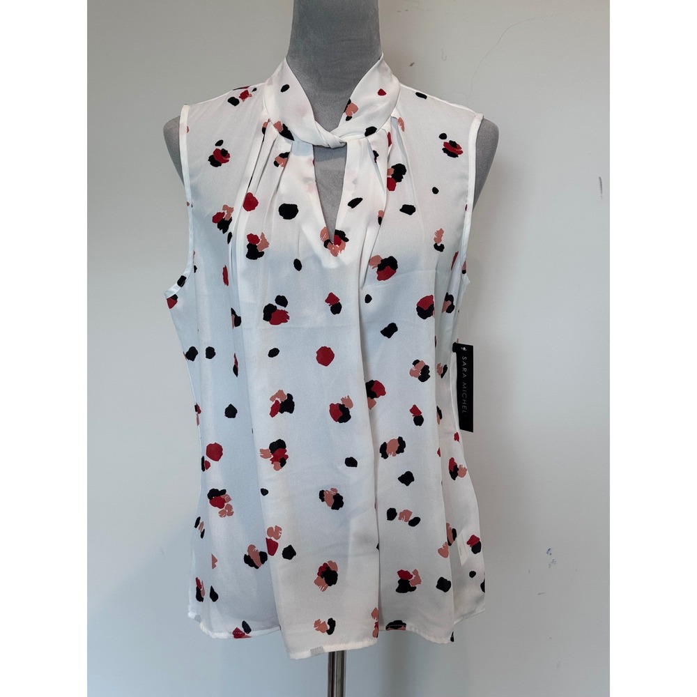 Sara Michelle White Abstract Dot Twist Neck Sleeveless Blouse Size L NWT
